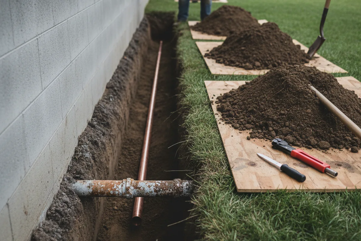 Excavated water line trench during Water Softener Installation in Gerber
